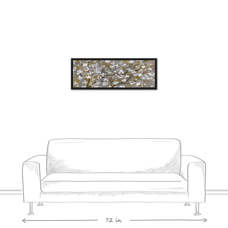 Fleurs de cerisier blanches sur toile, H 13,75 po x l 37,75 po x P 1,75 po, Cadre flottant noir