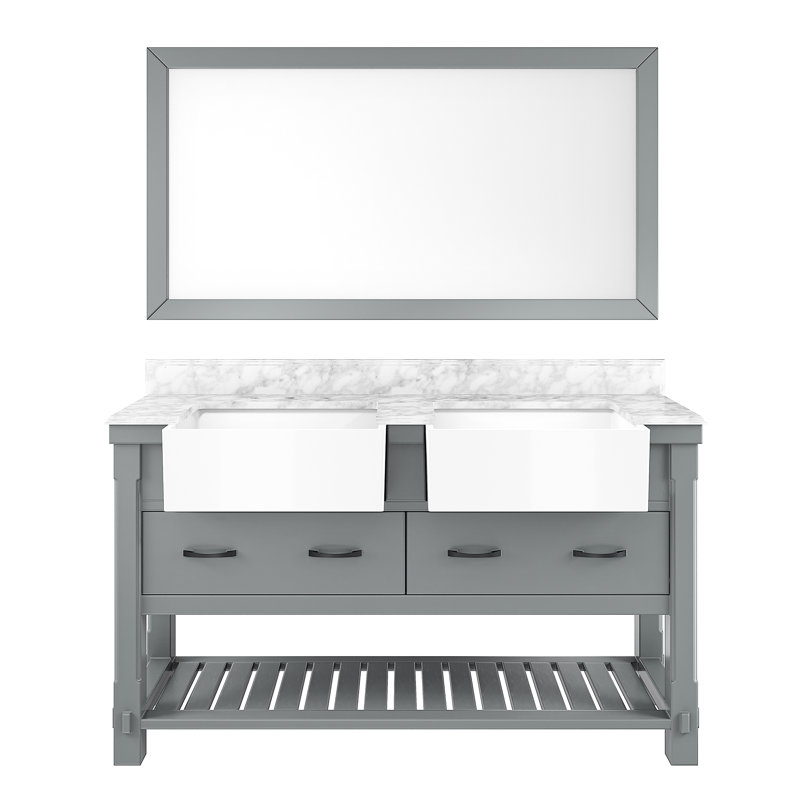 60'' Gray Solid Wood Double Bathroom Vanity with Quartz Top and Mirror