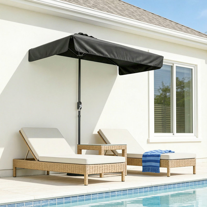 7.5ft Half Umbrella Patio Parasol Sun Shade, Crank Handle, Black, Black