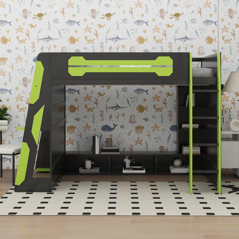 Full Gaming Loft Bed With Desk And Storage Shelves & RGB Light, Green