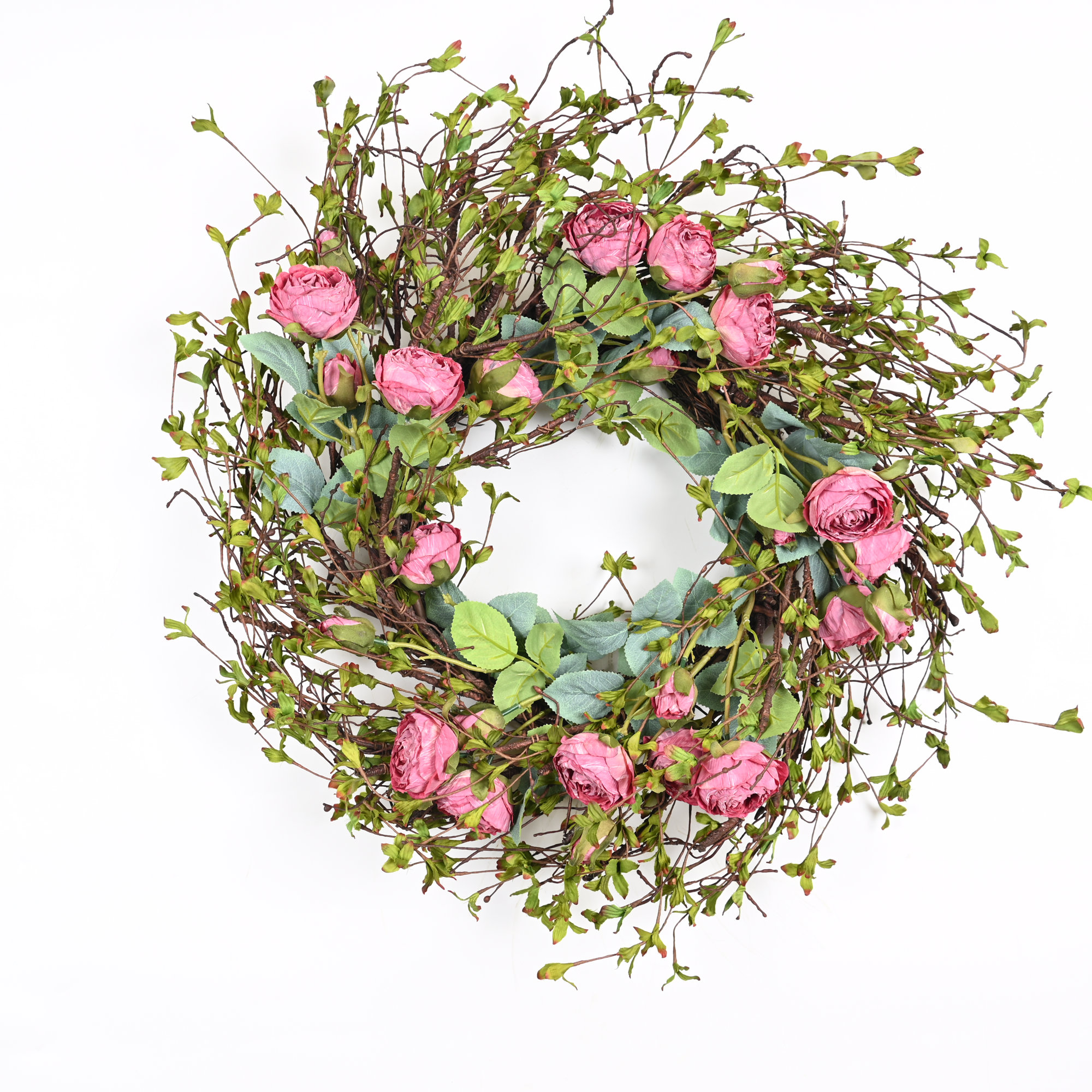 24" Artificial Farmhouse Spring Summer Rose Floral Wreath For Front Door Greenery Twig Home Wedding Party Wall Decor, Red