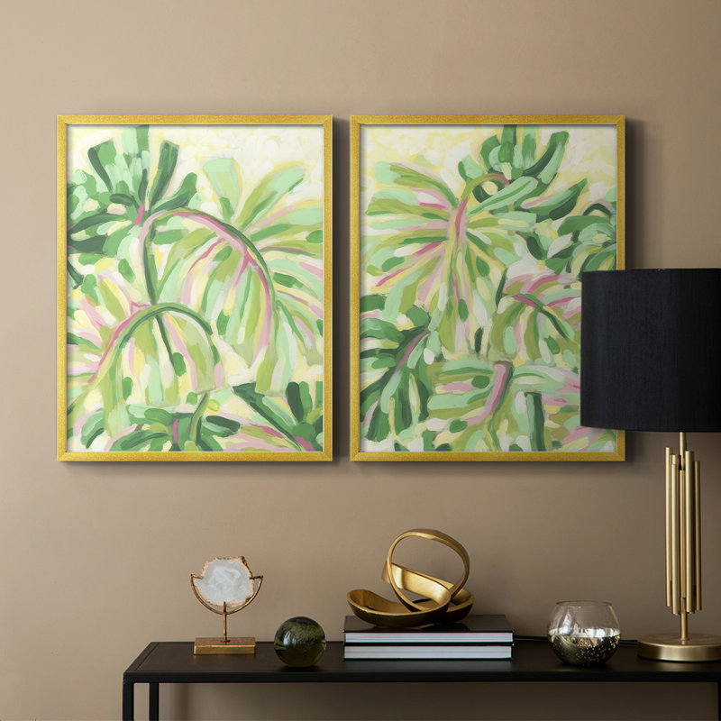 Impression encadrée Expressive Palms I-Premium - prête à être accrochée - aucun clou requis - aucun clou requis, Doré