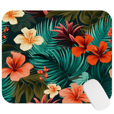 Botanical Hawaiian Tropical Palm Leaves & Hibiscus Flowers VII Botanicals Tropical Gaming Cute Office Laptop Desk Pad Gift Mat Square Rectangle Non-Slip Mousepad