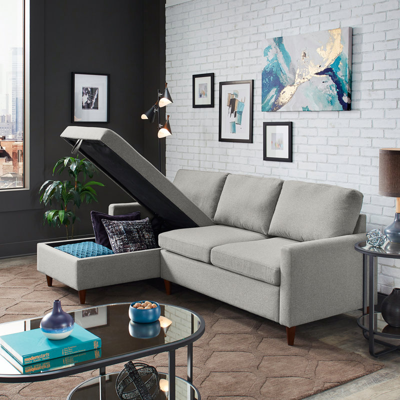 Debrah Upholstered L-Shaped Sectional Reversible, Light Gray Polyester Blend