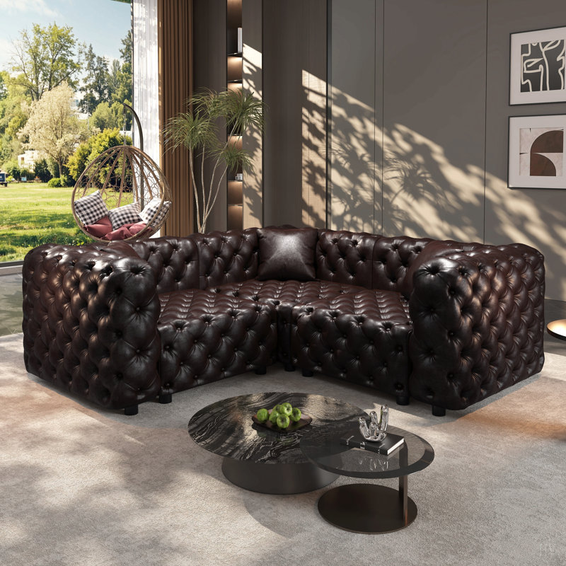 Ensemble de canapé modulaire en forme de L 75,1 po, canapé modulaire rembourré en similicuir 3 places avec conception touffetée à la main pure, 3 coussins, combinaison multiple pour le salon
