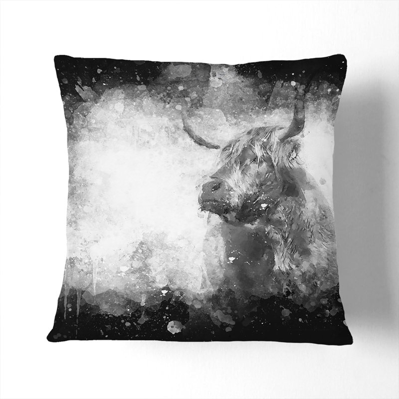 Highland Cow Paint Splash Cushion with Filling, White, 55cm H x 55cm W x 20cm D