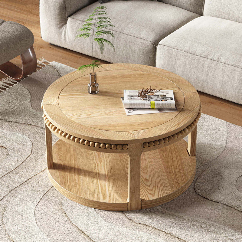 Table basse ronde en bois massif, plateau épaissi à 2 niveaux et pieds robustes, Natural Wood