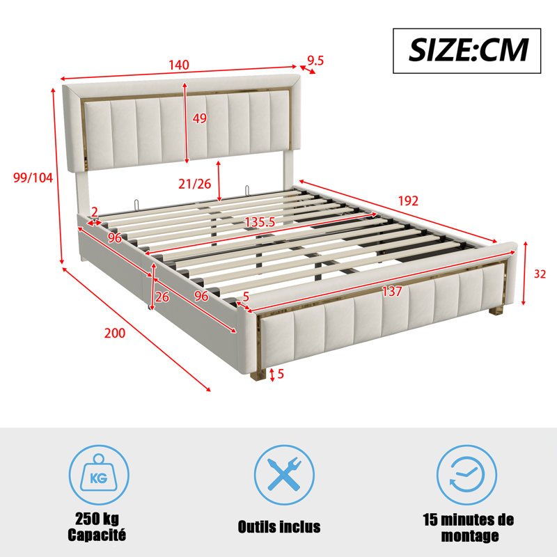 Dekker Luxury Velvet Ottoman Storage Bed with Gold Trim, Double (4'6), Beige
