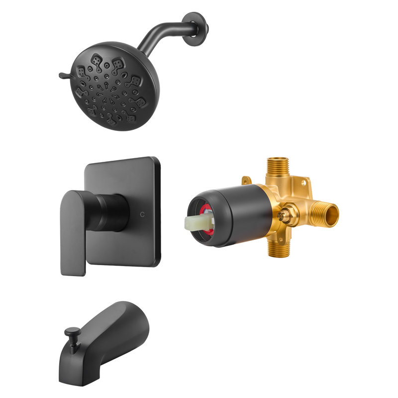 Ensemble de robinet de baignoire et douche, pomme de douche à pluie et bec de baignoire de 5 pouces, ensemble complet de garniture de baignoire à une poignée avec valve d'équilibrage de pression en laiton, modes de pulvérisation réglables à 8 réglages, noir mat