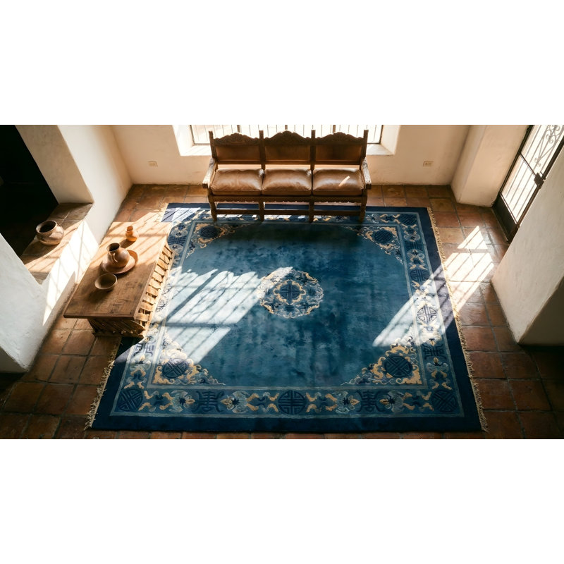 Hand Knotted Wool Area Rug in Blue