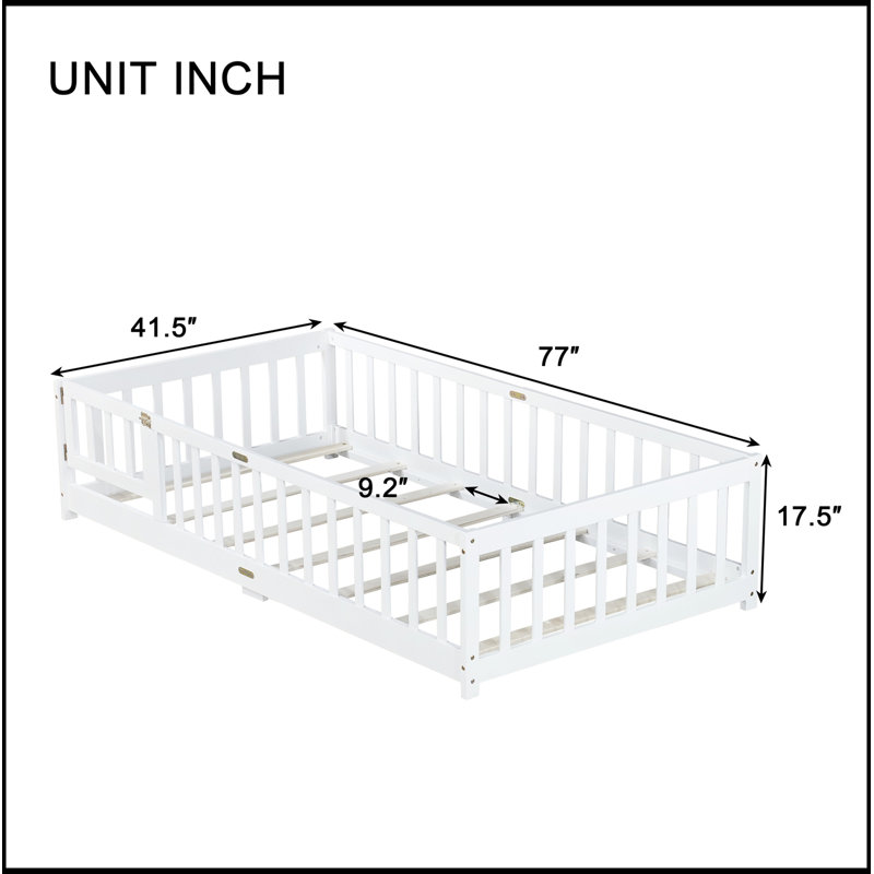 Twin Size Floor Bed With Fence And Door,Rubber Wood Floor Bed With Safety Guardrails,White, Twin, White