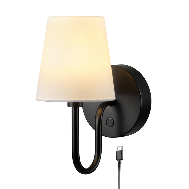 Applique murale rechargeable 1,8 W à DEL noir mat avec abat-jour en tissu blanc et câble USB-C inclus