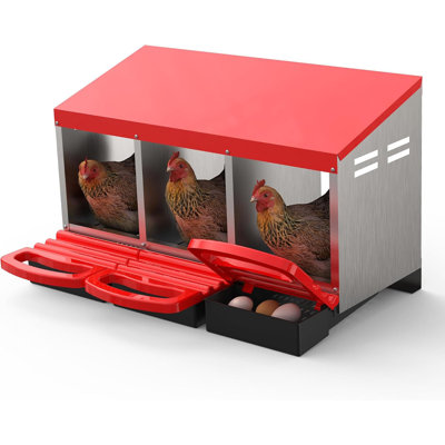 Boîte de nidification à 3 compartiments pour poulets, nid en acier galvanisé avec collection d'œufs roulants, toit de ventilation imperméable et plateaux amovibles, fixation murale et autoportante, rouge