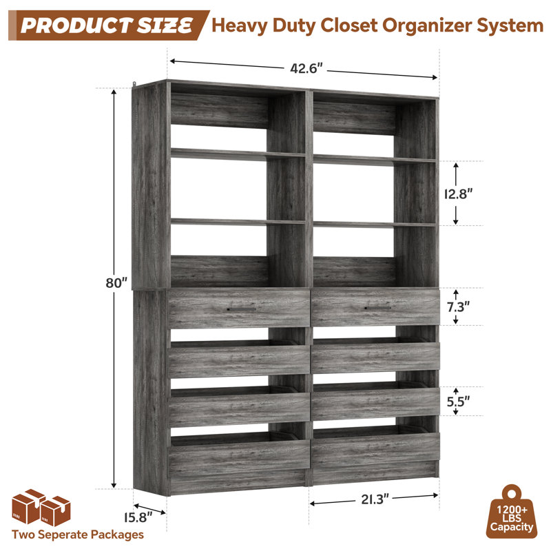Closet System With 8 Wooden Drawers, Freestanding Closet Organizer With Shelves, Gray Oak