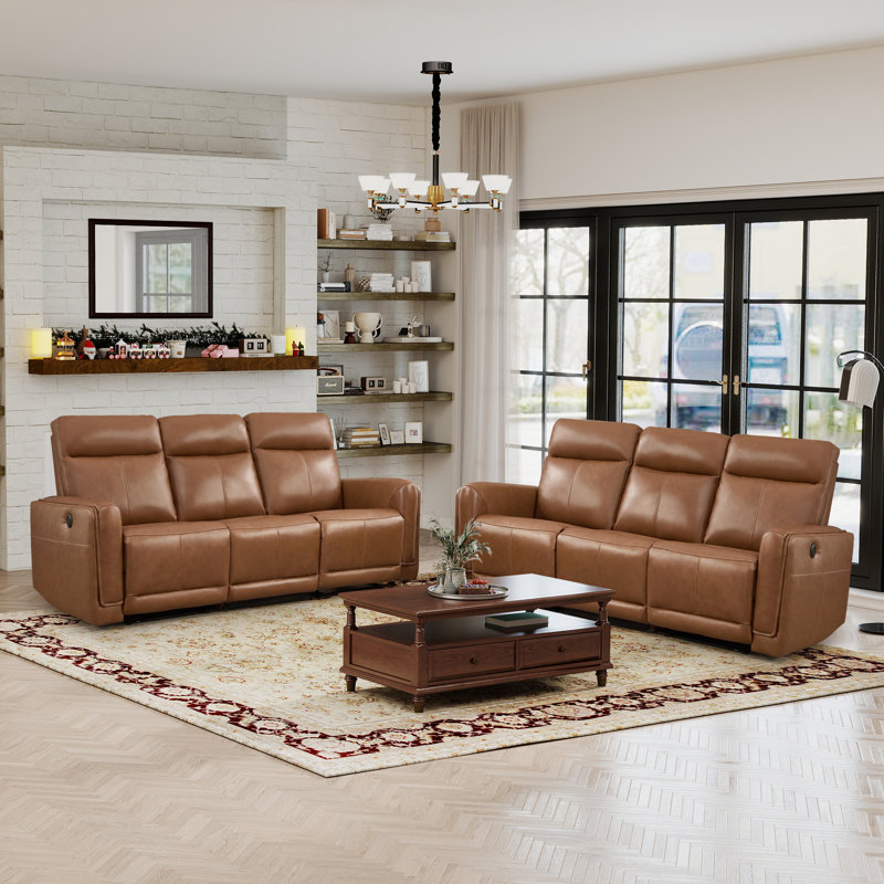 Canapé inclinable ergonomique 82 po en cuir fleur classique avec USB et Type-C (ensemble de 2), Brun caramel