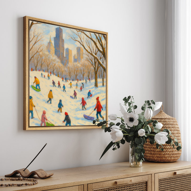 «Winter City Park Sledding Scene Wall Decor», reproduction d'art sur toile encadrée, H 16 po x l 16 po x P 1,5 po