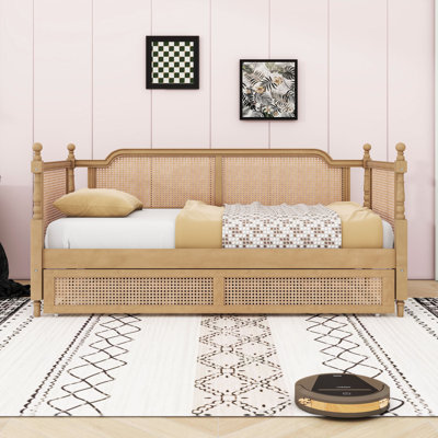 Wood Daybed with Rattan Headboard and Trundle