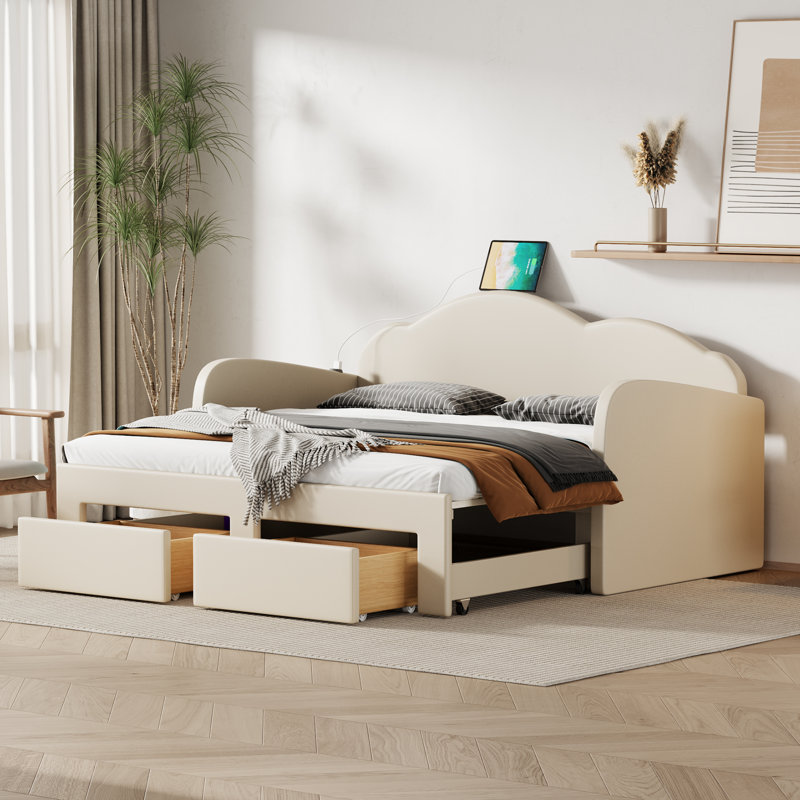 Lit de jour rembourré avec dossier en forme de nuage, lit gigogne, Beige