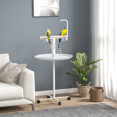 White Bird Stand For Delightful Times - With Wheels, Perches, Stainless Steel Food Bowls, And Tray Delight