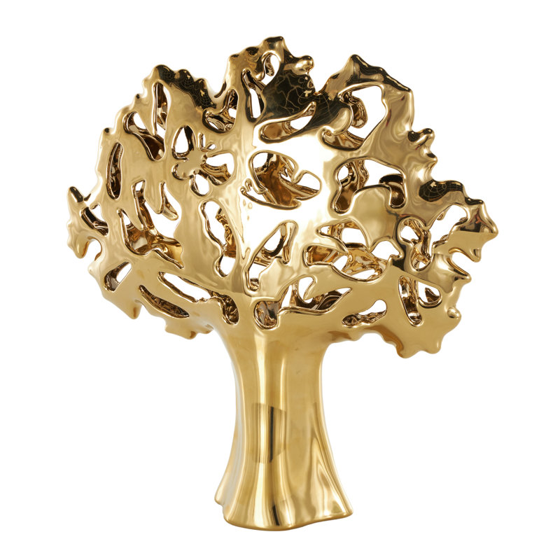 Cole And Grey Ceramic Glossy Tree Decorative Sculpture With Abstract Cutouts, Gold