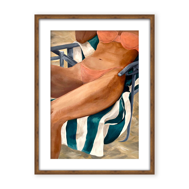 Coastal Retreat Riviera Retreat: Woman Lounging On Beach Towel And Chair, 40" H x 30" W x 1.125" D, Framed Matted Print