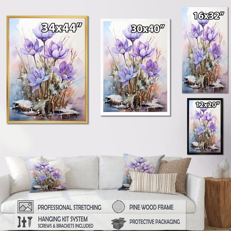 Snowdrops In Amethyst Hues I - Snowdrops Wall Art Living Room, Toile tendue, H 32 po x l 16 po