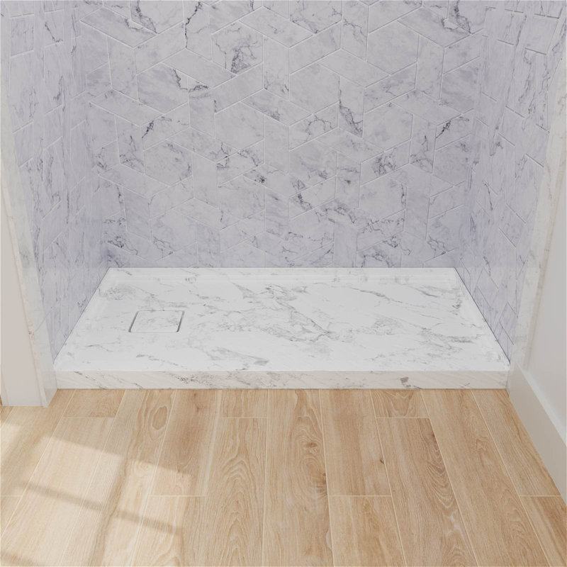 60 In. X 32 In. Rectangle White Marble Pattern Acrylic Bathroom Alcove Shower Pan Base With Left Hand Drain