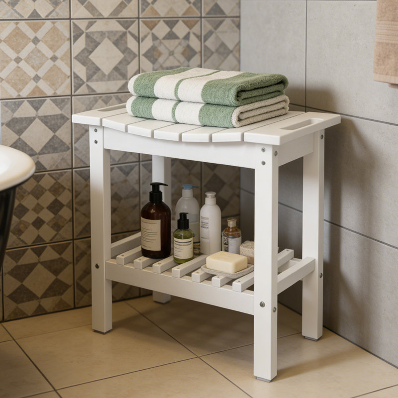 Banc de douche intérieur / extérieur en PEHD avec poignées, tablette de rangement et pieds antidérapants, Blanc