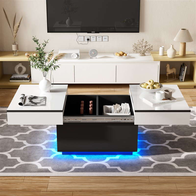 Breane Extendable Solid Coffee Table with Storage,high gloss with LED(20 colors lights),2 shelves