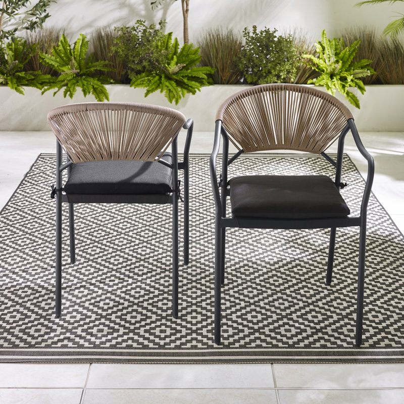 Alvino Set of Garden Dining Chairs - Metal Frame with Natural Rattan for Modern Boho Patio, Black