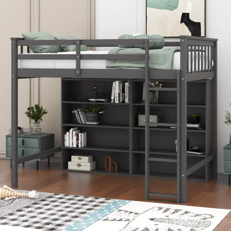 Jimmya Loft Bed with 8 Open Storage Shelves and Built-in Ladder, Twin, Antique Gray