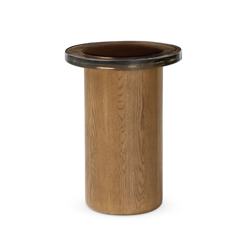 Shira Small End Table-Light Brown Oak, Smoked Brown Cast Glass