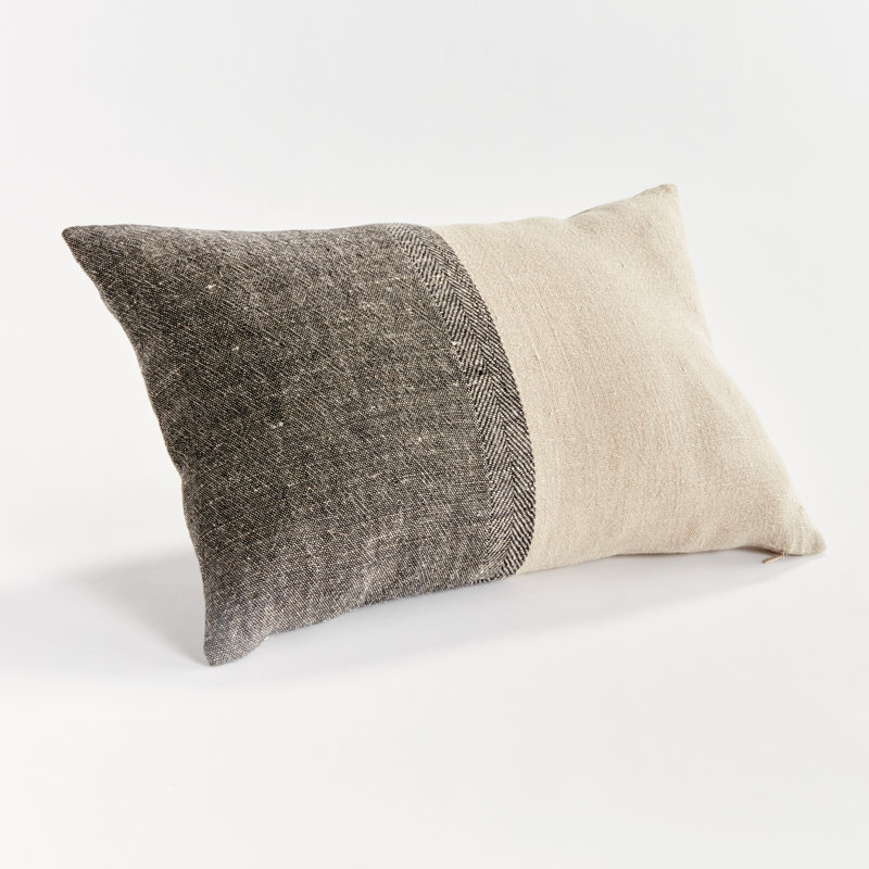 Jules European Flax Fiber Pillow Cover & Insert, Black/Cream/Color Block, Rectangle 14" H x 20" W, Knife Edge
