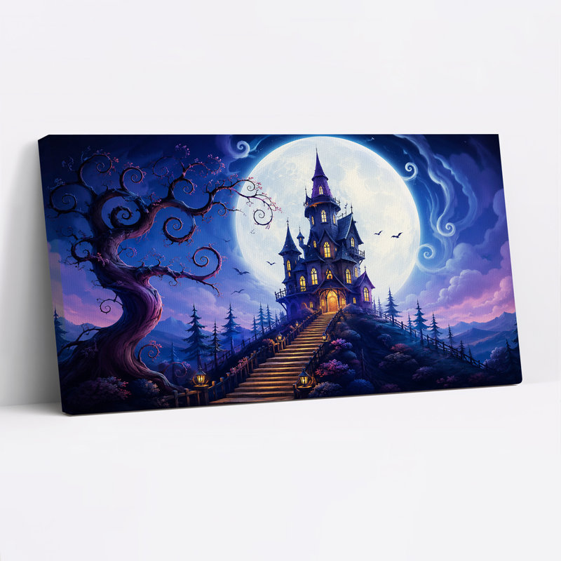 Maison hantée sous la pleine lune avec arbre tordu - Toile murale d'Halloween, L 40 po x H 20 po