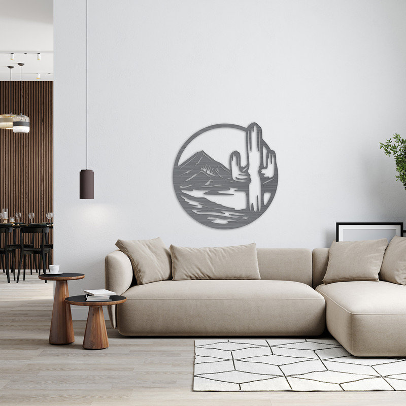 Cercle d'art mural avec montagne et cactus - ACM, Noir, H 32 po x l 31,6 po x P 0,25 po