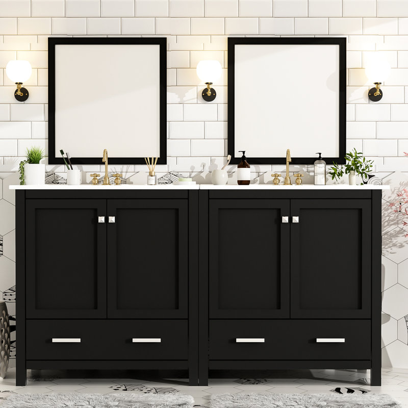 Élégante armoire de salle de bain 60 po, double meuble-lavabo, lavabo, intérieur spacieux - embellissez votre meuble-lavabo, armoire noire avec espace de rangement en céramique