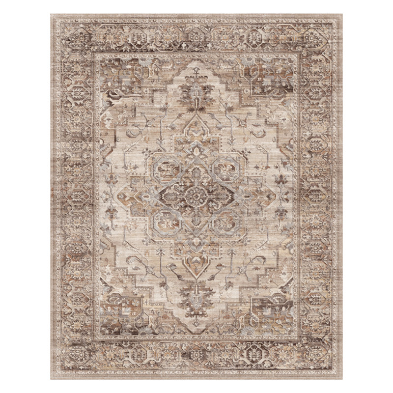 Tapis doux délavé à la machine à motif de médaillon vieilli rétro pour le salon, la chambre à coucher avec envers antidérapant de couleur taupe / brun