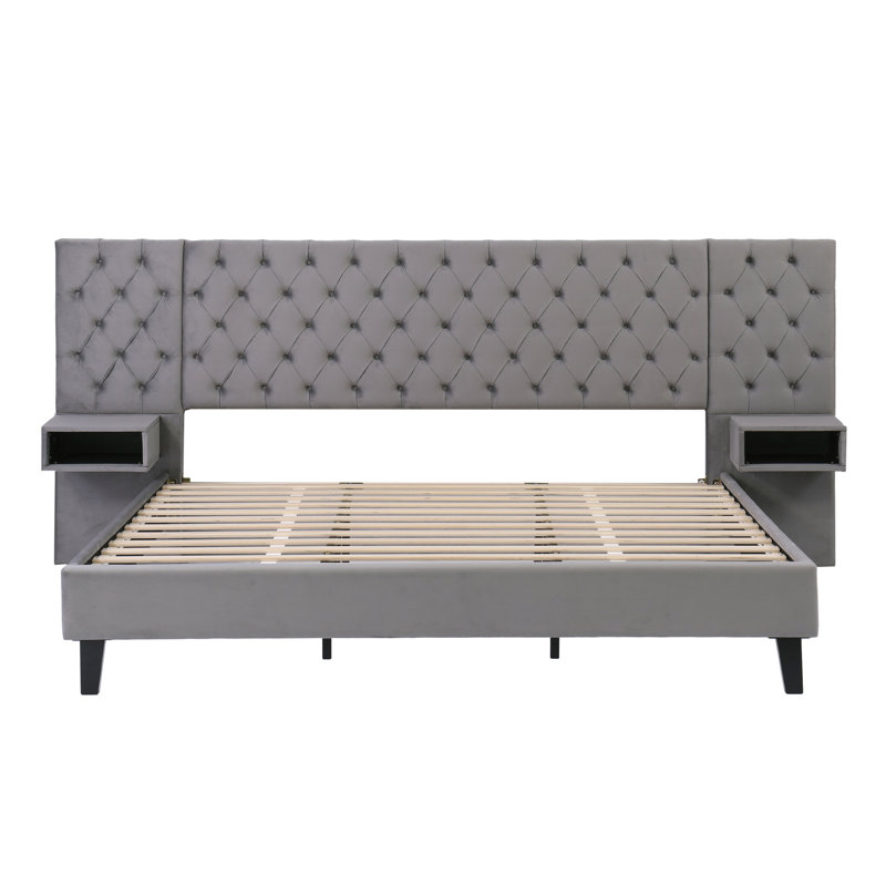 Lit plateforme de luxe très grand - tête de lit tapissier en velours, gris, 2 tables de chevet, losange, sans sommier, structure en bois robuste, fabrication facile pour la chambre à coucher, mobilier