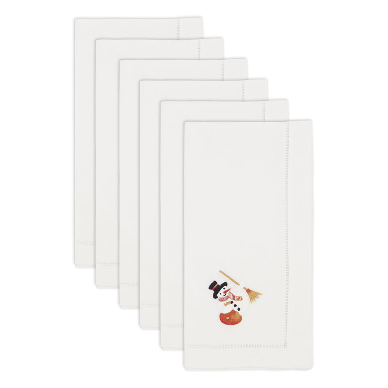 White Cotton Embroidered Snowman Winter Napkins, Set of 6