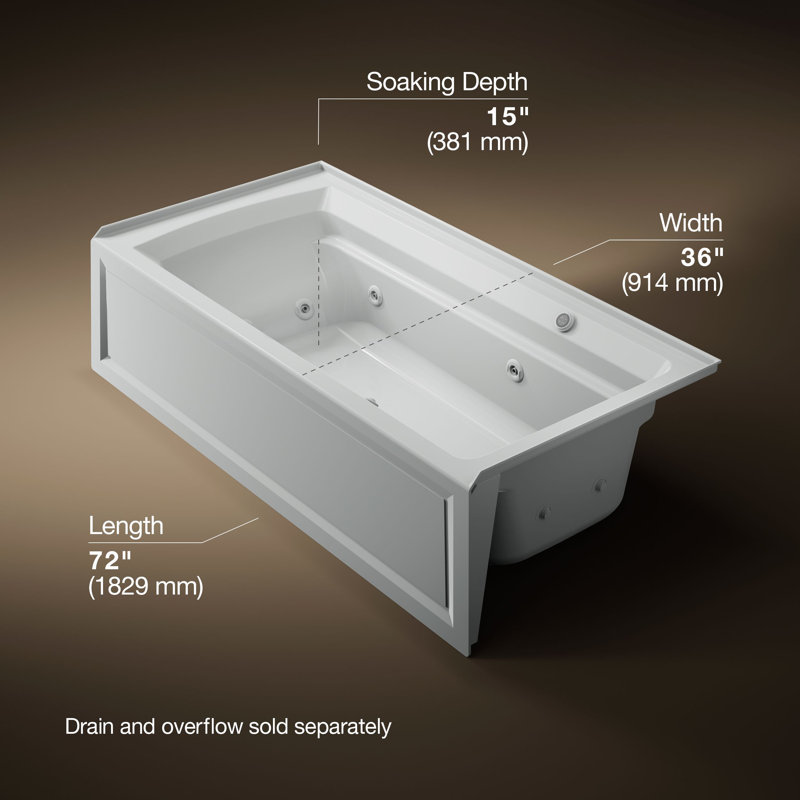 Archer 72" x 36" Alcove Whirlpool Acrylic Bathtub with Heater, Ice Gray, Right