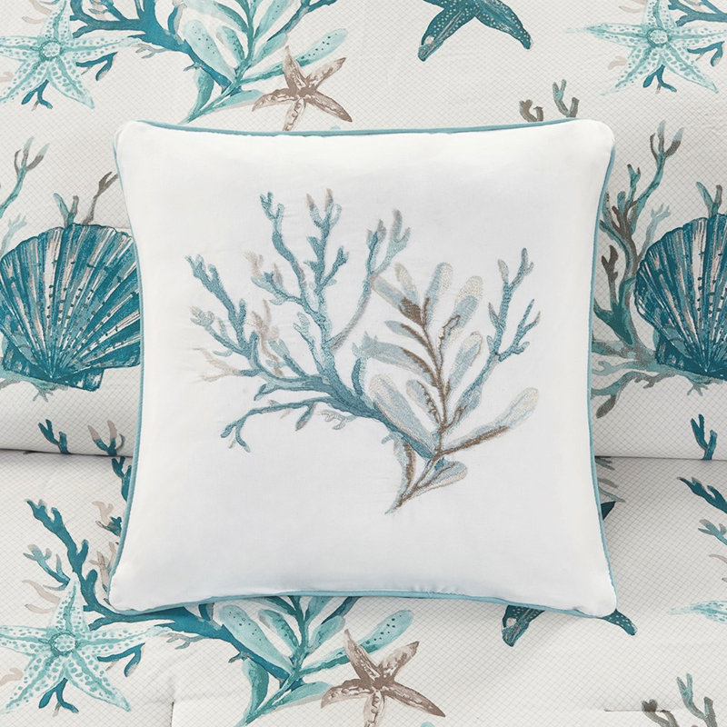 Édredon 7 pièces en mélange de coton avec imprimé coquillages et coraux en tissu bleu sarcelle, Bleu