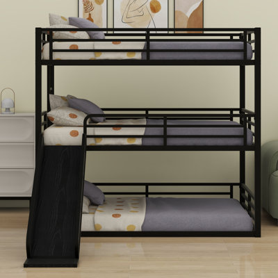 Metal Triple Bunk Bed With Safety Guardrails,Slide And Noise-Reduced Design