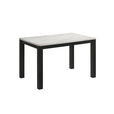 Rectangular Dining Table with White Faux Marble Top and Black Wood Base, Seats 4
