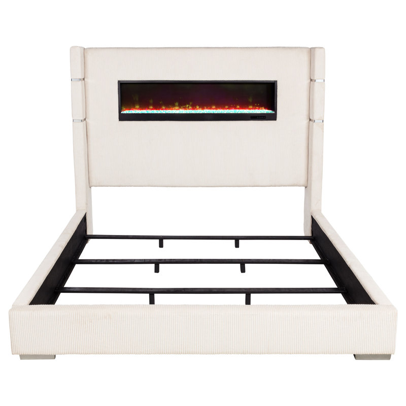 Stoehr 67-Inch Upholstered Fireplace Bed, King, Cream