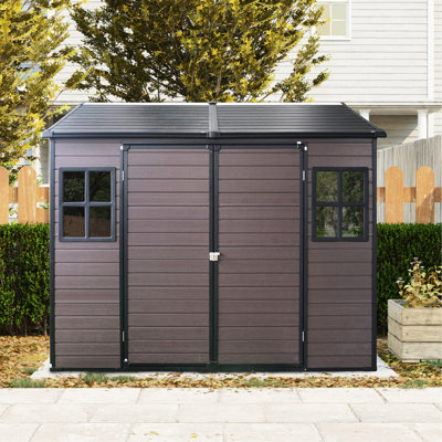 Remise extérieure en résine 8 pi x 6 pi avec porte verrouillable, plancher imperméable, deux fenêtres pour jardin, -