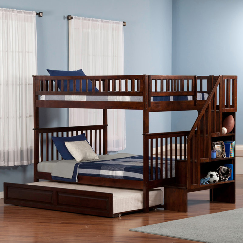 Lit superposé standard en bois massif avec bibliothèque Henden par Wildon Home, Double sur double, Noyer