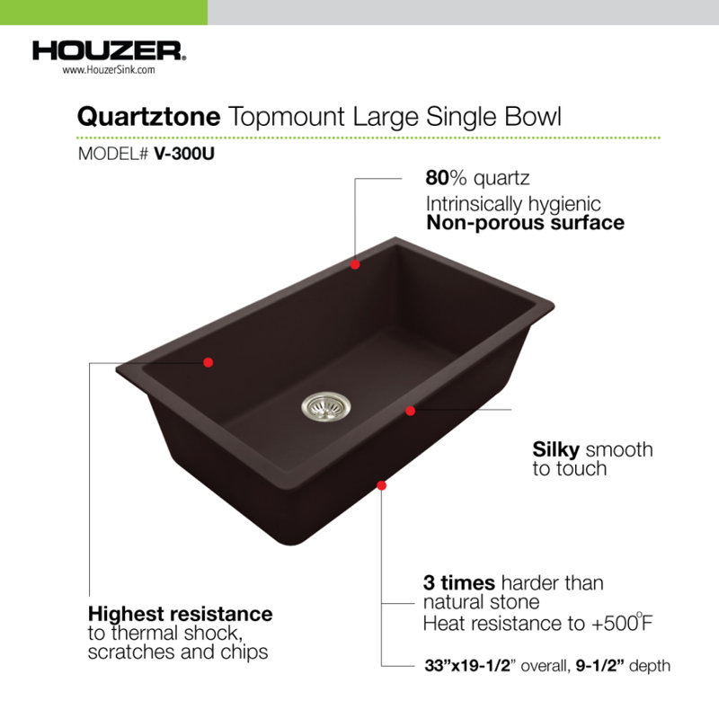 Évier de cuisine à simple cuve en composite de granite 33 pouces Houzer Quartztone, Moka