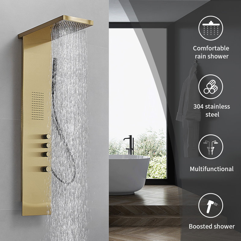 Système de douche à panneau de douche 49,21 po avec pomme de douche fixe, Or brossé