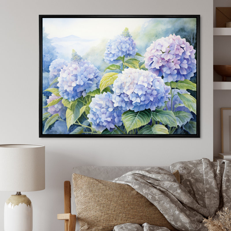 Hortensia mauve, jardin aquarelle tranquille - impression, Cadre flottant noir, H 24 po x l 32 po x P 1 po