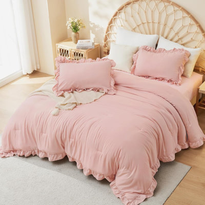 Ensemble d'édredon pour lit très grand rose à volants, 3 édredons et ensembles de literie mignons pour filles, ensemble de duvet en microfibre légère et moelleuse (édredon 104 x 90 po et 2 taies d'oreiller)